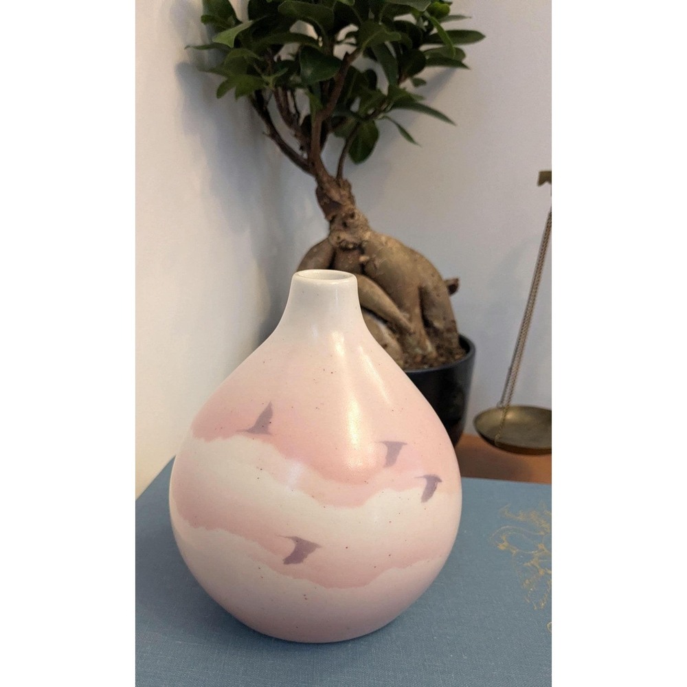 Vintage Pink Ceramic Vase with Birds, Minimalist Scandinavian Vase, Bud Vase